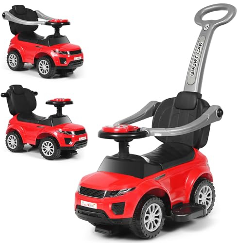 GYMAX 3 in 1 Kids Ride on Push Car, Push Along Car with Handle, Guardrails, Lights, Horn & Music, Underneath Storage, Toddler Sliding Toy for 1-3 Years Old Boys Girls (Red)