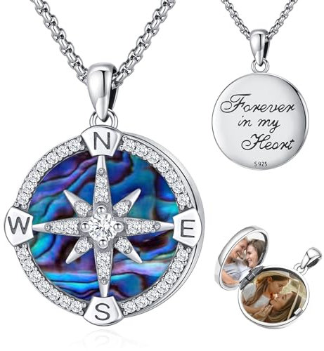 Eusense Kompass Medaillon Kette Halskette für Bilder 925 Sterling Silber Fotos Anhänger Graduierung Schmuck Memorial Geschenk Männer Frauen