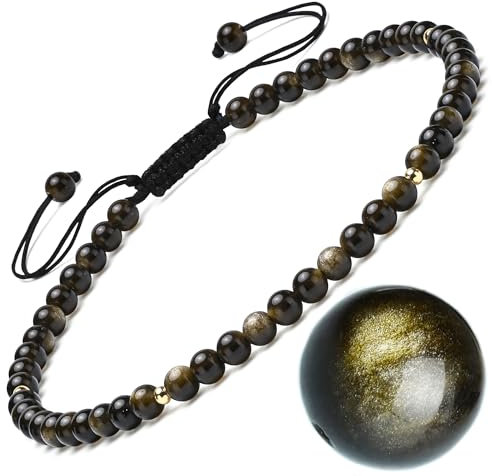 Apocalyptic-K Damen Naturstein Fußkettchen, 4MM, 9,45-10,45 Zoll. 925 Silber/Gold, Handgewebt (Gold Obsidian Fußkettchen, 4MM)