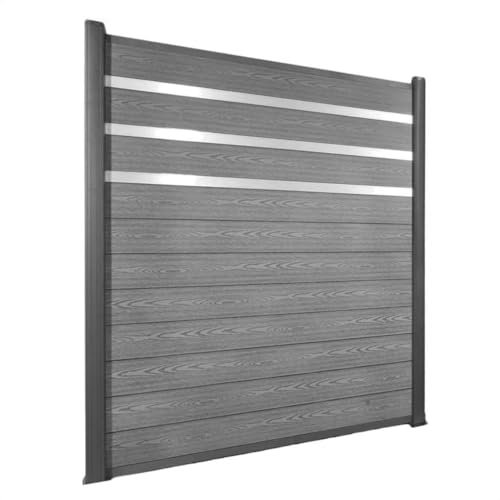 WPC sichtschutzzaun Steingrau mit Zierleisten aus Aluminium (Pfostenlänge 190 (zum Aufschrauben), 10x Zaunelement & 11x Pfosten)