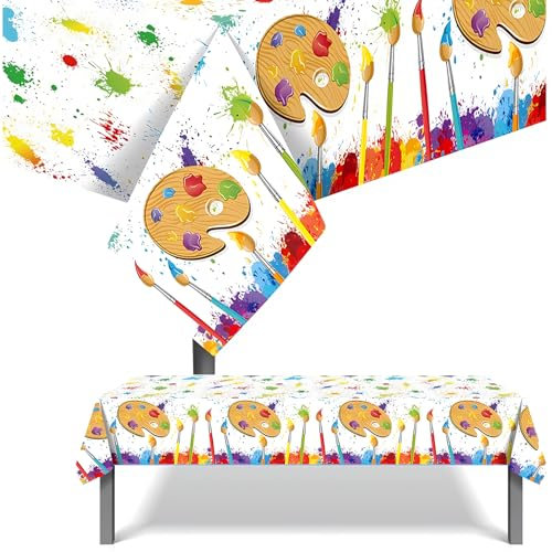 2 Stück 130x220cm Party Tischdecken Malen Thema Tischdecke, Wasserdicht Tischdecke für Kinder Basteln & Malen Kindergeburtstag Schulanfang Schulkind Malkurs Paint Party Deko