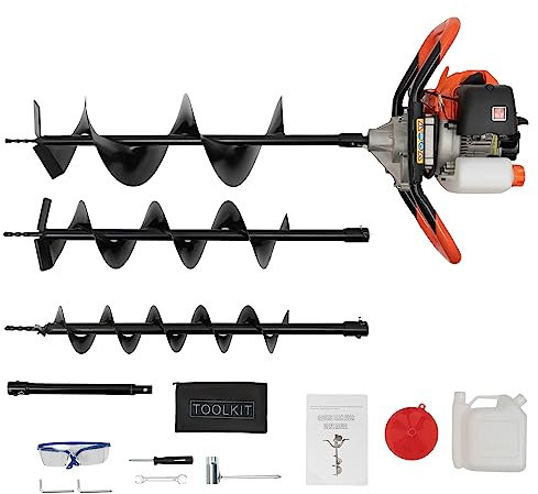 Tarière à essence à 2 temps, 2,3 CV avec 3 forets de diamètre (100, 150, 200 mm) 52 cm³, déplacement de foret de jardin pour fermes