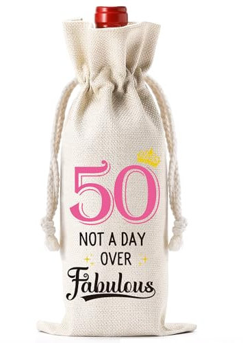 Soireeparty 50th Birthday Gifts for Women - Not A Day Over Fabulous Bottle Bags for Wine, Drawstring Burlap Wine Gift Bag, Bottle Gift Bag for Women Best Friend Colleagues Sister Auntie Mum Wife