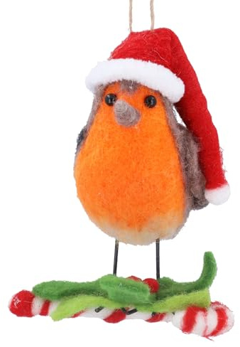 Gisela Graham Felt Robin with Candy Cane Christmas Tree Decoration