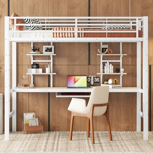 Lcoho Bettgestell Metallbett, Eisenbett, Hochbett mit Schreibtisch und Zwei Bücherregalen für Kinder, Jugendliche und Erwachsene (Weiß, 90x200cm)