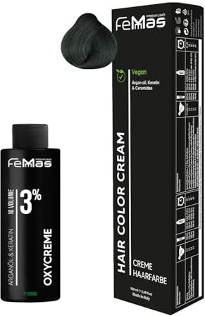 Femmas Haarfarbe Set Green I Hair Color Cream 100ml + Oxycreme 100ml 3% I Permanente Haar-Coloration + Entwickler I Schonend & langanhaltend I Salon-Haarfarbe für Zuhause