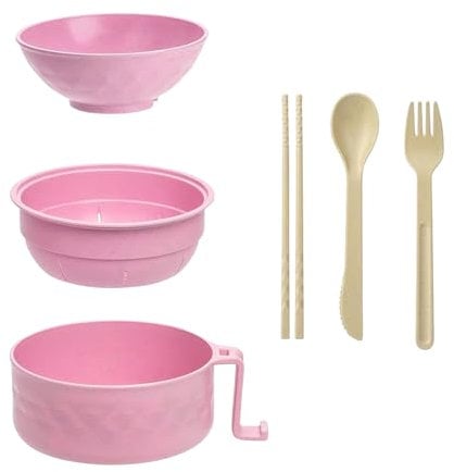 KMDZDZGS Instant Noodle Bowl Set, 1200ml Ramen Bowl with Lid, Microwave Soup Mug with Handles, Chopsticks, Spoon, Ramen Bowl Set, Portable Ramen Bowl Cooker for Dorm, Home,Office (Pink)
