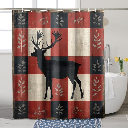 Buffalo Plaid Hirsch Duschvorhang, Rot / Schwarz, rustikaler Duschvorhang für Badezimmer, Winterurlaub, Bauernhaus, wasserdichter Stoff, Duschvorhang-Set mit Haken, 183 x 198 cm