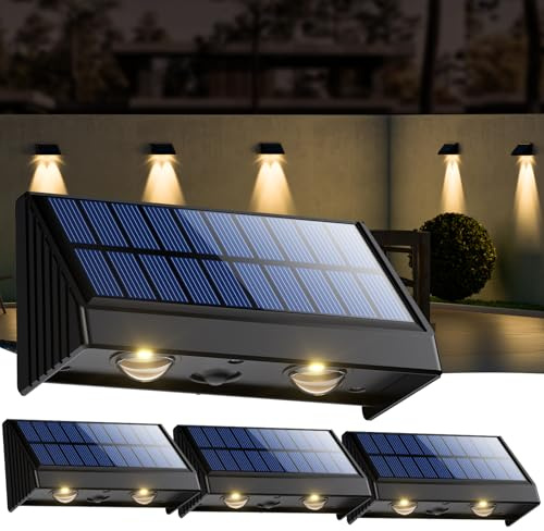 OUSFOT Aussenlampe Wand 4 Stück, Wasserdicht IP65 Solar Wandleuchte Aussen, 3200K Warmweiß Led Solarleuchten für Aussen, Wand, Geländer, Zaun, Garten, Terrasse, Balkon, Treppen