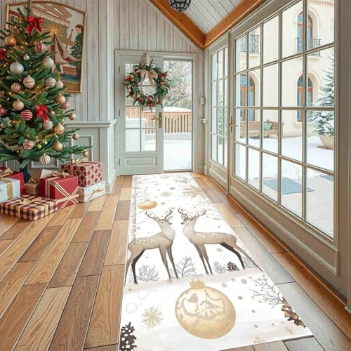 Dppyuxa Weihnachten Rentier Teppich Läufer Flur Winter Weihnachtsdeko Lang | Waschbar und rutschfest Feiertag Schnee Küchenläufer Flurteppich für Küche & Eingangsbereich