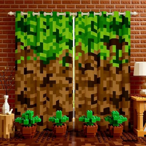 Miner Style Square Grid Fenster Vorhang,Braun Grün Armee Camo Vorhänge Kinder Jungen Teens Männer Zimmer Dekor,Cartoon Gamepad ModernPixelated Spiele Fenster Behandlung Vorhänge,2 Panels 183x117cm