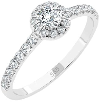 EDELIND Diamant Verlobungsring Damen Gold 585 - Solitär 0.25 ct + 29 Diamanten 0.29 ct ges., Halo und Diamantreihe - aus echtem Weißgold 14k - mit Geschenkbox - Symbol der Liebe