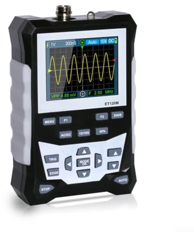 ET120M Digitales Oszilloskop 120MHz 500MS/s 2,4-Zoll-Farbdisplay Tragbares Handheld-Oszilloskop mit 1MHz Rechteckwellenausgang für akku für Elektronikprüfung