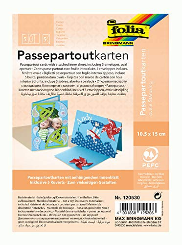 folia 120530 - Passepartouts mit ovaler Stanzung, ca. 10,5 x 15 cm, 5 Karten (220 g/qm) und Kuverts, himmelblau - ideal für Einladungen, Glückwunsch- oder Grußkarten