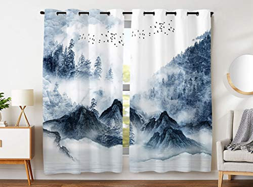 YISUMEI - Gardinen Blickdichter - Eisiger chinesischer Tintenart Wald,160 x 110 cm 2er Set Vorhang Verdunkelung mit Ösen für Schlafzimmer Wohnzimmer