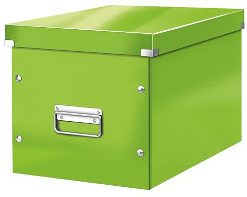 Leitz Click & Store Aufbewahrungsbox mit Deckel Groß, Würfelbox passend für Kallax Regale in Wohnzimmer oder Büro, Box aus 80 % recycelter Premium-Hartpappe, Stabile Metallgriffe, Grün, 61080054