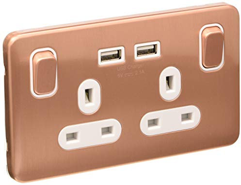 Schneider Electric Lisse Screwless Deco - Switched Double Power Socket with USB Charging Ports, Single Pole, 13A, GGBL30202USBAWLCS, Light Copper with White Insert, 2 Gangs