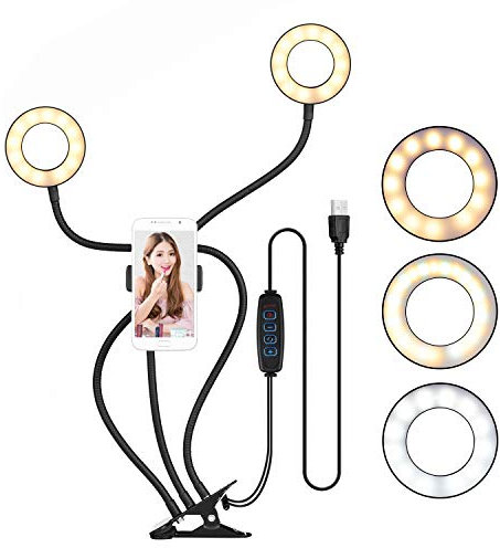 Clip On Reading Light, Andoer Phone Holder with Dual Ring Light, Dimmable Selfie Ring Light with Cellphone Holder for TikTok YouTube Vlog, Max. Clamp Width 7cm