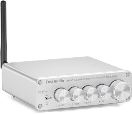 Fosi Audio BT30D-S Bluetooth 5.0 Récepteur Audio Stéréo Amplificateur 2.1 Canaux Mini Hi-FI Classe D Amplificateur Intégré 50W x 2+100W pour la Maison Haut-Parleurs Passifs d'extérieur/Subwoofer