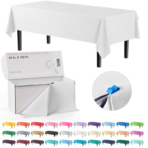 Exquisite Copritavolo in plastica bianca da 137,16 x 259,02 cm, arrotolato in un unico rotolo con un comodo taglierino scorrevole per tagliare fino a 12 tovaglie rettangolari monouso in plastica da