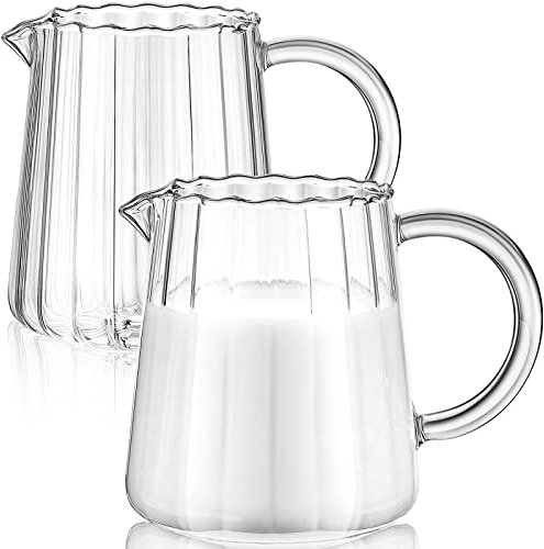 Leinuosen 2 Pcs Glass Pitcher - Elegant Shaped Creamer, Tea, Coffee, Milk Frothing Pitcher - Wave Style, 250 ml