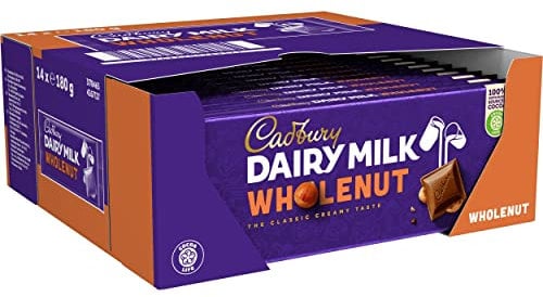 Cadbury Whole Nut Dairy Milk Chocolate - Creamy Milk Chocolate with Whole Hazelnut Chunks - Delicious Full-Bodied Candy - Whole Nut 14 x 180g