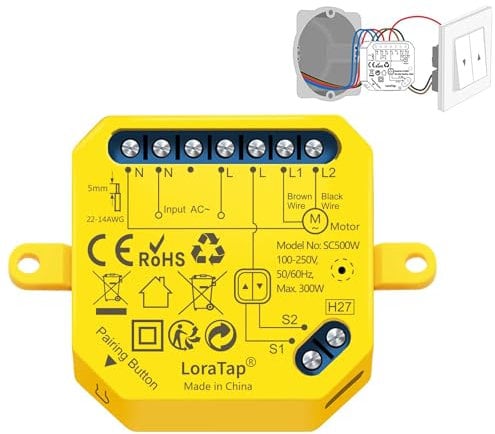 LoraTap Interruptor Persianas WiFi, Relé de Persianas Temporizador Inteligente para Cortina Eléctrica, Control Remoto con Aplicación de Teléfono, Control de Voz con Alexa y Google Assistant, 300W