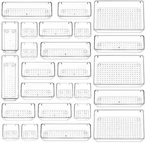 Puricon 25 Stück Klar Schubladen Ordnungssystem, 4 Größen Kunststoff Aufbewahrungsboxen, Schubladen Organizer, Plastik Make-Up Organizer für Bad Kosmetik Schminktisch Küche Büro Stiftablagen-klar