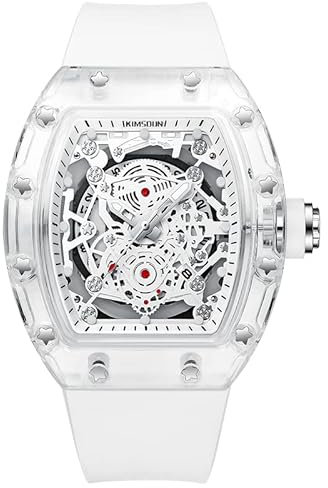 KIMSDUN - Elegante orologio sportivo con scheletro, impermeabile, analogico al quarzo, con data, calendario, cassa tonneau trasparente, cinturino in silicone per uomo unisex, Bianco-bianco.
