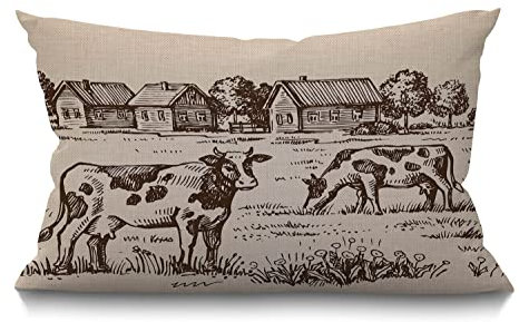BGBDEIA Federa per cuscino con mucca, rustica, con animali, villaggio, paesaggio, casa, campagna, natura, rettangolare, federa per cuscino per divano, decorazione per la casa, cotone e lino, 30 x 50