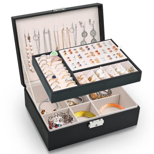 Larkumio Schmuckkästchen Mädchen Damen Groß, Schmuckaufbewahrung Schmuckkasten Sperren Schmuckschatulle, PU Leder Schmuckkiste 2 Schicht Jewelry Box Schmuckbox für Halsketten Ohrring, Schwarz