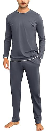 Aseniza Pyjama Homme Hiver Ensembles de Pyjama Coton Manches Longues Couleur Unie Vêtements De Nuit Doux Loungewear Bleu Foncé&Gris XL
