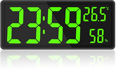 Yoiimiya Reloj de Pared Digital LED, Pantalla de DíGitos Grandes, Temperatura y Humedad Interior, para Granja, Hogar, Aula, Oficina, Verde