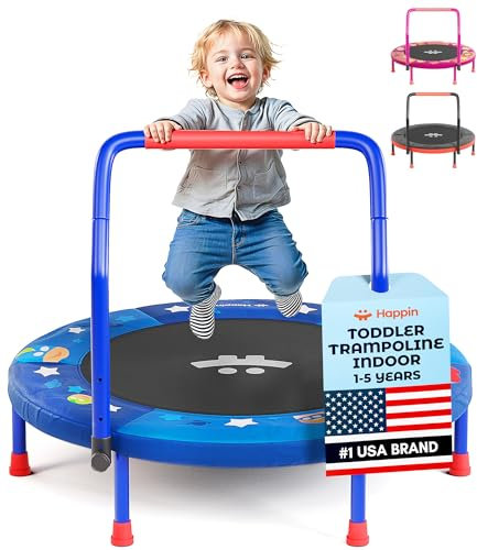 Happin Mini trampoline d'intérieur de 0,9 m pour enfants avec guidon rembourré en mousse, silencieux, cadre en acier durable et coussin de sécurité, trampoline pour les tout-petits à partir de 3 ans