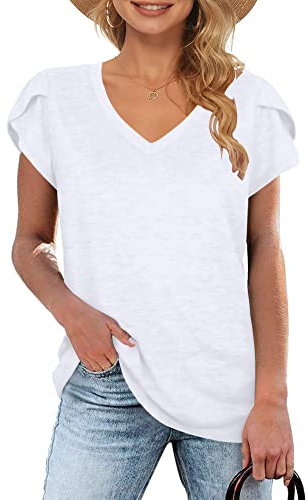 WNEEDU Camiseta Mujer Manga Corta de Pétalo Top Cuello en V Casual Blusas Básico Camisa Blanco S