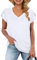 WNEEDU Women Summer Tops Petal Short Sleeve V Neck T Shirts Casual Basic Top White S