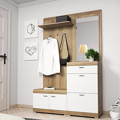 Bettso-Garderobe Schrank Flurgarderobe Wandschrank Kompaktgarderobe Dielenschrank Regal Möbel Diele & Flur Kleiderschrank, Schuhschrank, Spiegel -Primo Eiche Riviera/Weiß (Eiche Riviera/Weiß)