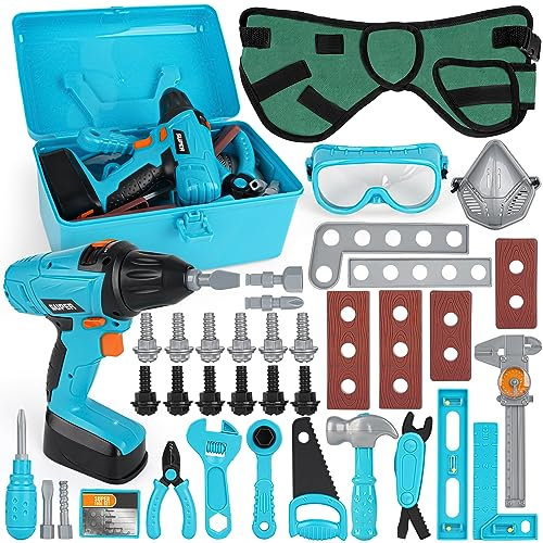 Vanplay Jouet Enfant Outils Enfant Boite a Outil avec Perceuse Électrique Malette Outils Visseuse Malette Outils Cadeau Enfant 3 4 5 6 Ans (52 Pièces)