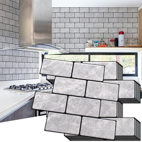 Art3d Lot de 10 carreaux de métro épais à décoller et à coller, carreaux de céramique synthétique pour cuisine, salle de bain, Gris marbré,32x27x0.2 cm
