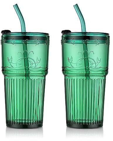 Joeyan 550ml Lot de 2 Verres en Eau Vert avec Paille et Couvercle,Gobelets de Conception Hermétique et étanche,Verre à Boire Motif Relief Baleine pour smoothies,du café glacé,des boissons thé glacé