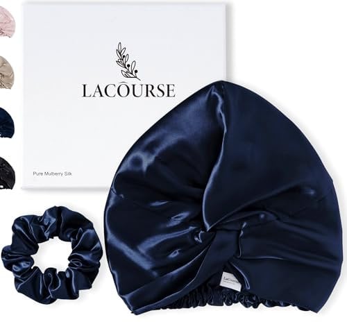 LaCourse Seidenhaube zum Schlafen aus Echte 100% Maulbeerseide mit 22 Momme auf beiden Seiten, Schlafhaube Seide für Haare mit hochwertigem Elastikband Bleiben am Kopf (Einheitsgröße, Blau)
