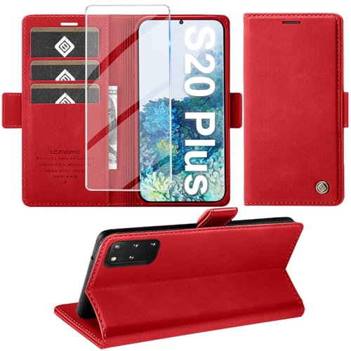 Giyer Handyhülle für Samsung Galaxy S20 Plus Hülle mit Displayschutzfolie, Schutzhülle Galaxy S20 Plus PU Leder Wallet Flip Case Standfunktion Kartenfach Klapphülle für Samsung S20 Plus Tache (Rot)