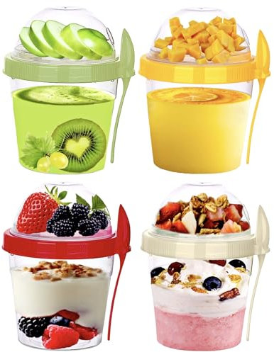 4All Yogurt Cup and Spoon 500ML Reuseable BPA free Breakfast Pot Museli Cup Spoon With Lid Dishwasher Safe Oatmeal Jars Cereal Container Pack of 4