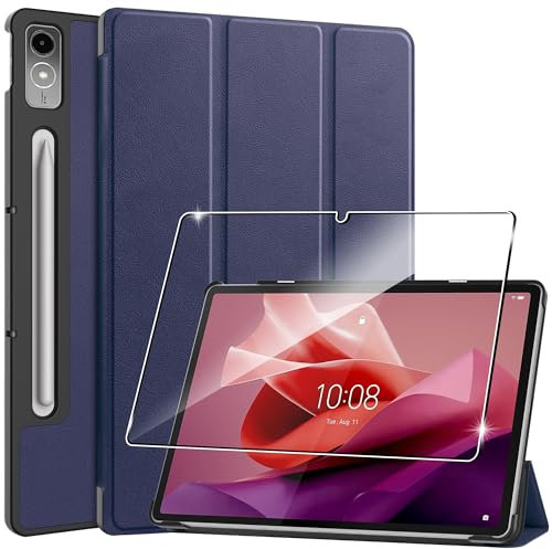 Heioloo Custodia per Lenovo Tab P12/P12 Paper Cover in Pelle PU Case, + [1 Pezzi] Vetro Temperato Pellicola Protettiva [Auto Svegliati/Sonno] [Ultra Sottile] [Supporto Funzione ] [Anti-Scratch] Blu