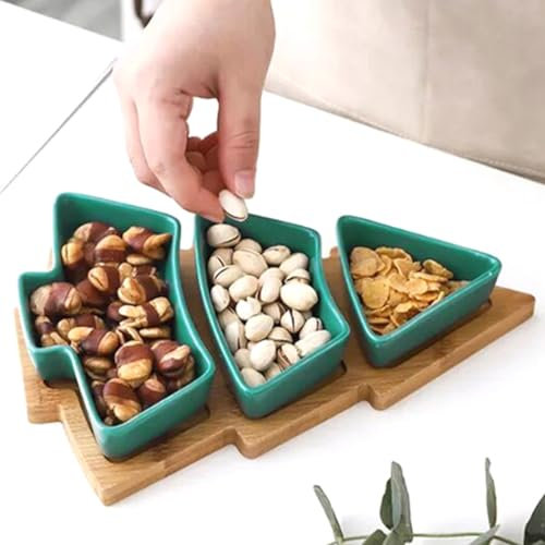 Grüner Weihnachtsbaum-Teller Chip & Dip Set, 27,9 cm Keramik Santa Salat Snackteller mit Bambus-Tablett, herausnehmbares Porzellan Vorspeise Dessert Obst Untertassen Schüssel Platte Xmas Holiday Party