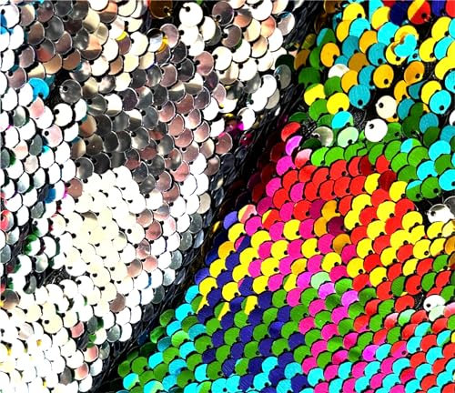 penepico Sensorischer Wand-Pailletten-Flip-Stoff für Kinder, Zweifarbiger Pailletten-Paillettenstoff, taktiler sensorischer Spielstoff für autistische Kinder (Regenbogen+Silber, 0.5yard(45cm*125cm))