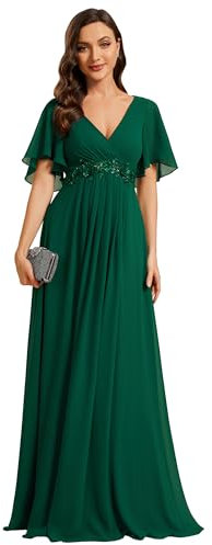 Ever-Pretty Robe de Témoin de Mariage Longue Appliqué Col V Manches Courtes Chic Vert Foncé 38