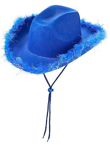 Niceyoeuk Damen Cowgirl Hut Cowboy Hüte Flauschige Feder Krempe Hut Halloween Cosplay für Junggesellenkostüm Dress Up Party Rollenspiel, Blau, Silber, Einheitsgröße