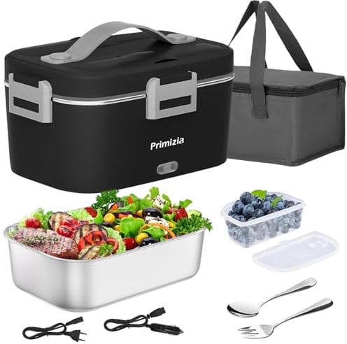 Primizia Gamelle Chauffante 1.8L(75W/12V/24V/220V), Boite Isotherme Repas Chaud Portable, Lunch Box Chauffante Électrique puro Bureau et Voiture,Noir