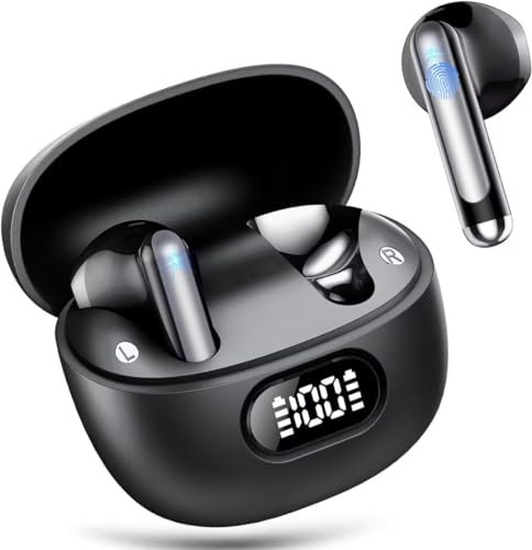 Tukio Cuffie Bluetooth, Auricolari Bluetooth 5.3 con 4 ENC Cancellazione Rumore Mic, 40 Ore Mini Cuffie Wireless con IP7 Impermeabili, Cuffiette Bluetooth Sport con LED Display Per Android/iOS, Nero